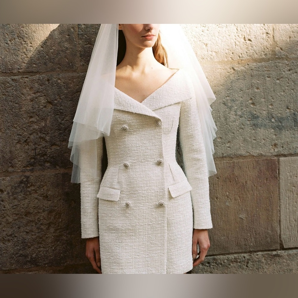 New Self Portrait Cream Metallic Boucle Mini Dress/ Blazer